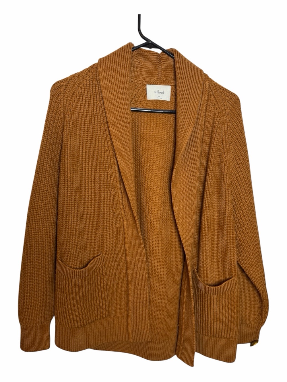 Wilfred Knit Brown Shawl Collar Open Cardigan Sweater Pockets 2XS Merino Wool
